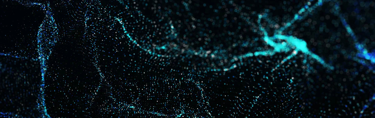 Dunkle abstrakte Visualisierung vernetzter Partikel vor schwarzem Hintergrund