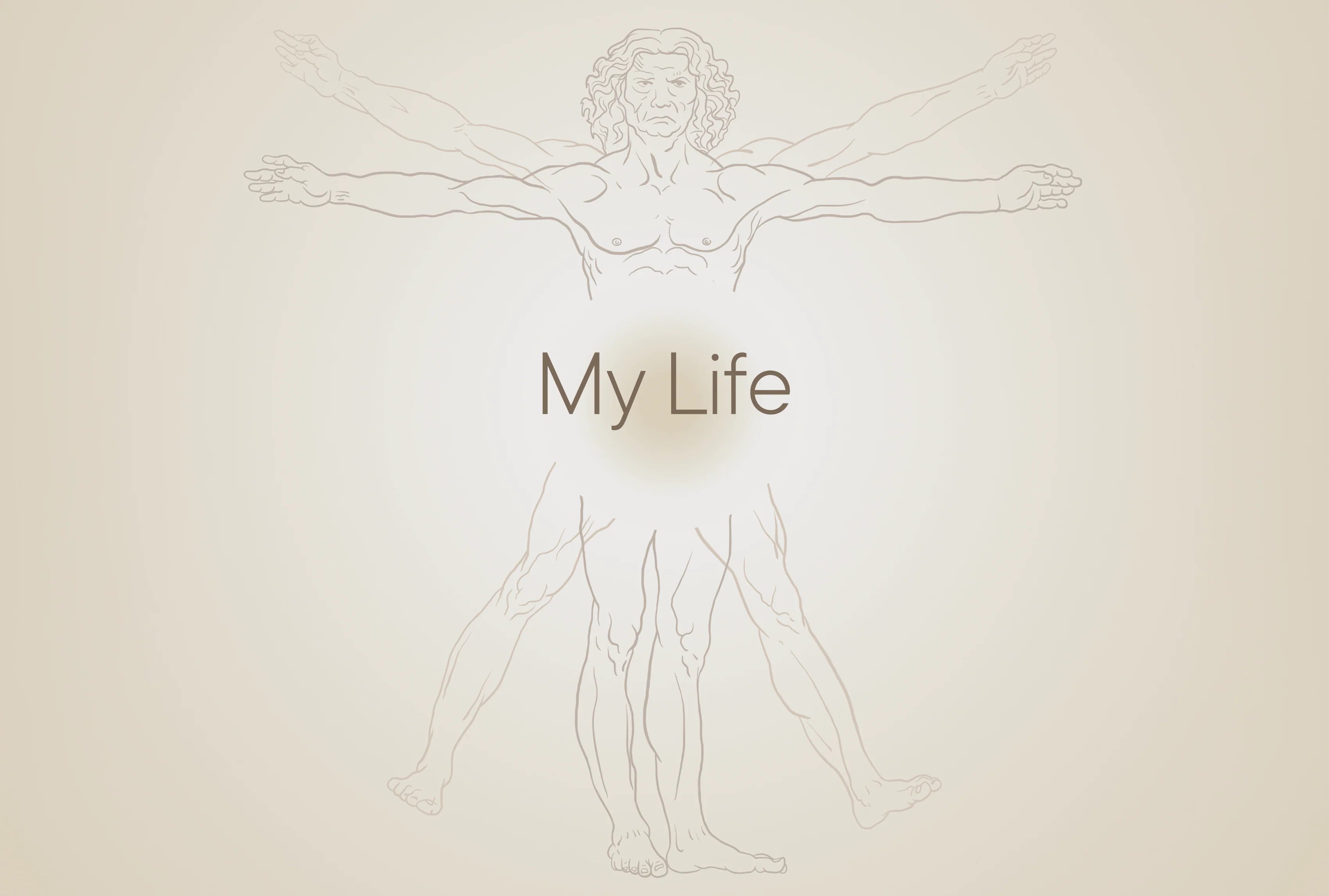Grafische Darstellung eines menschlichen Körpers mit mehreren Arm und Beinpositionen und Schriftzug My Life.