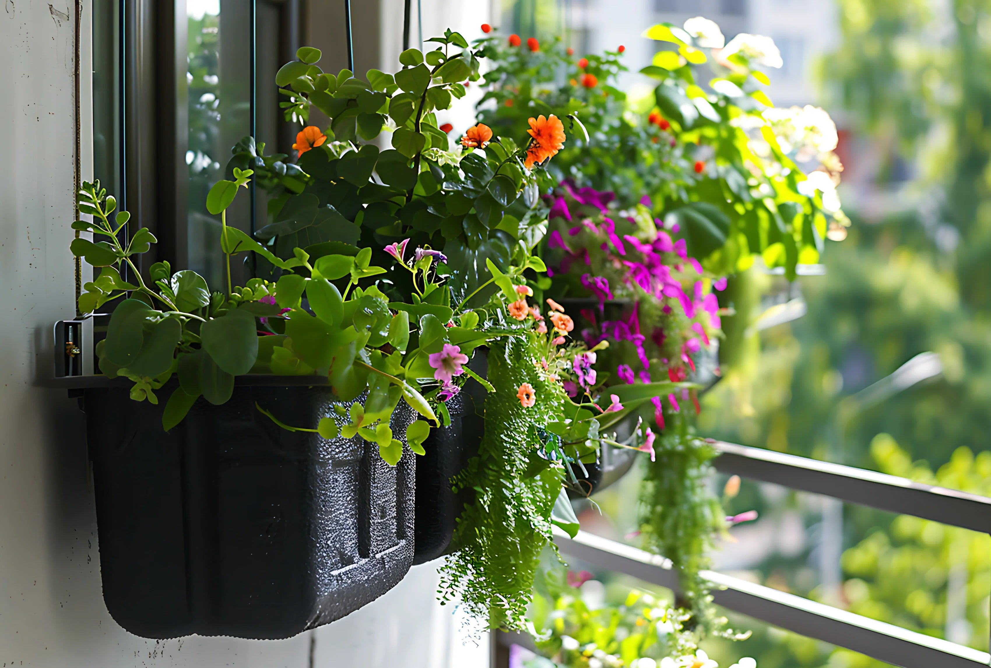 Blumenkästen mit grünen Pflanzen und bunten Blüten am Balkon Geländer.