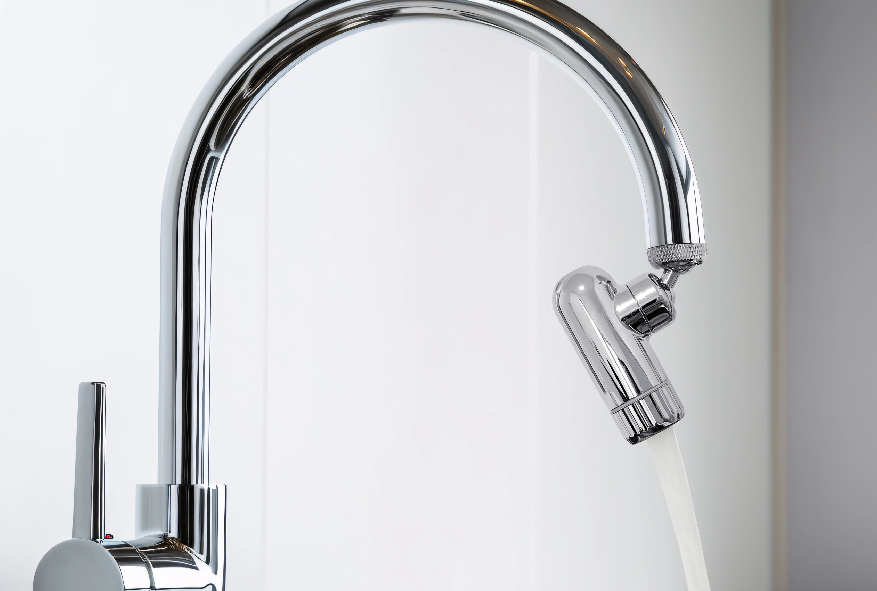 AERO Vital Wasserhahnaufsatz montiert an einem verchromten Küchenwasserhahn über einer Spüle in heller Umgebung