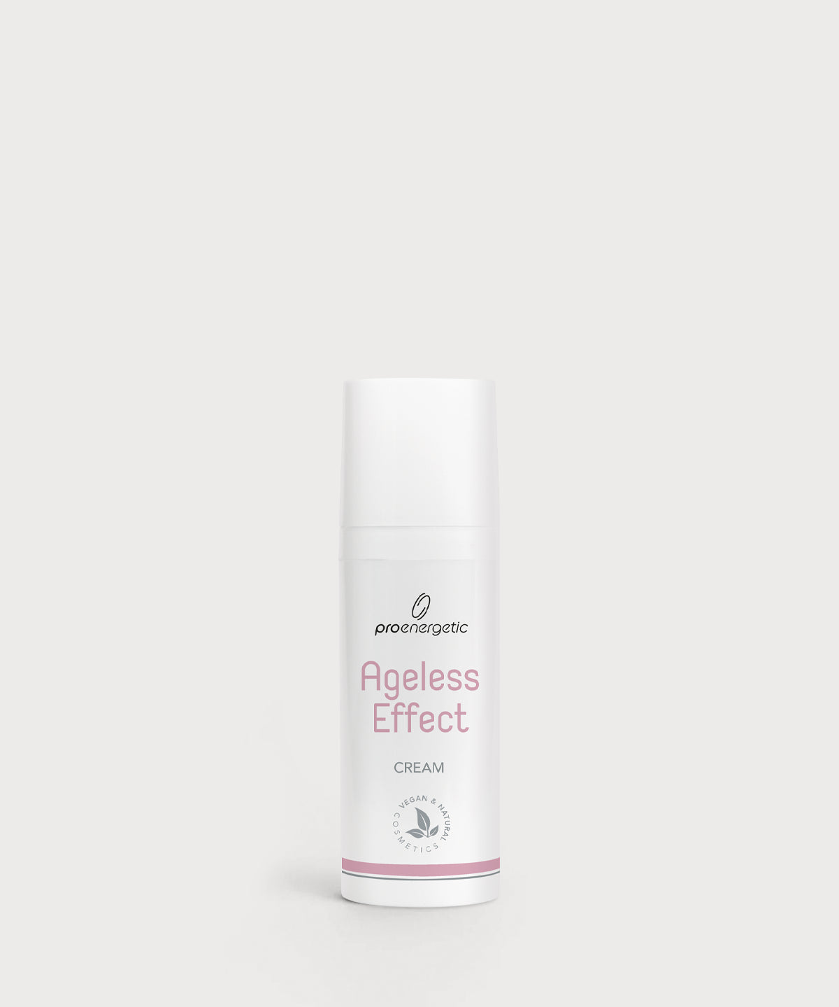 Ageless Effect Cream: Weiße, schlanke Pumpflasche mit der Aufschrift „Ageless Effect Cream“ und zartrosafarbenem Akzent, freigestellt vor hellem, neutralem Hintergrund.