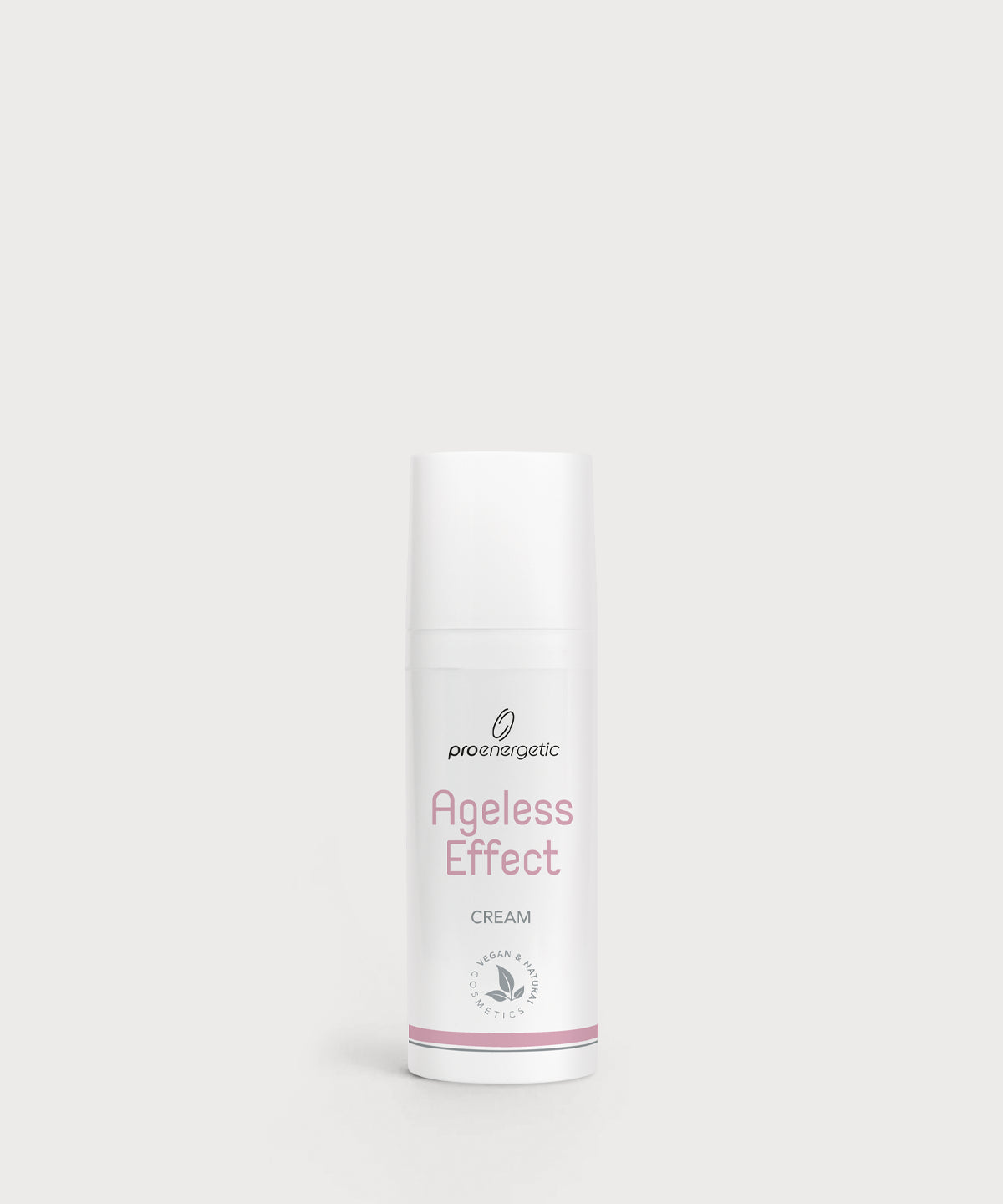 Ageless Effect Cream: Weiße, schlanke Pumpflasche mit der Aufschrift „Ageless Effect Cream“ und zartrosafarbenem Akzent, freigestellt vor hellem, neutralem Hintergrund.
