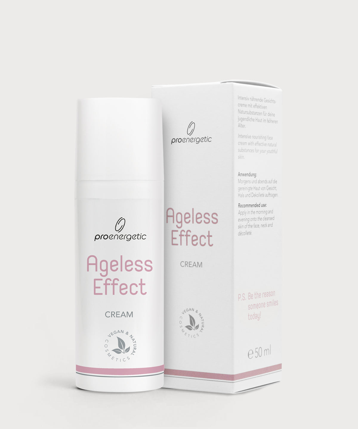 Ageless Effect Cream in weißer Pumptube neben der passenden Produktverpackung, beide mit rosafarbener Akzentlinie und Aufschrift „Ageless Effect Cream“, freigestellt vor hellem, neutralem Hintergrund.