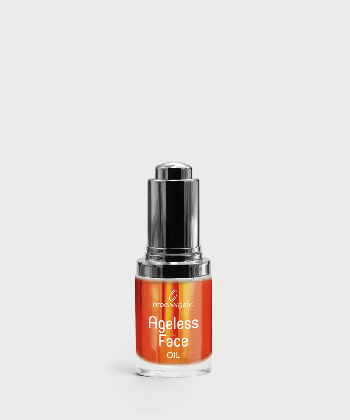 Glasflasche mit silberner Pipette und orangefarbenem Inhalt „Ageless Face Oil“ vor hellem, neutralem Hintergrund – hochwertiges Gesichtsöl für Anti-Aging-Pflege.