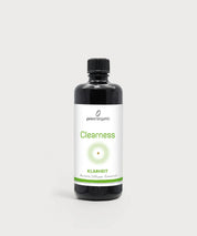 Schwarze ProEnergetic Aroma Diffuser Essence Flasche mit weißem Etikett, grünem Akzent, Produktname Clearness und kreisförmigem grafischem Element auf neutralem Hintergrund