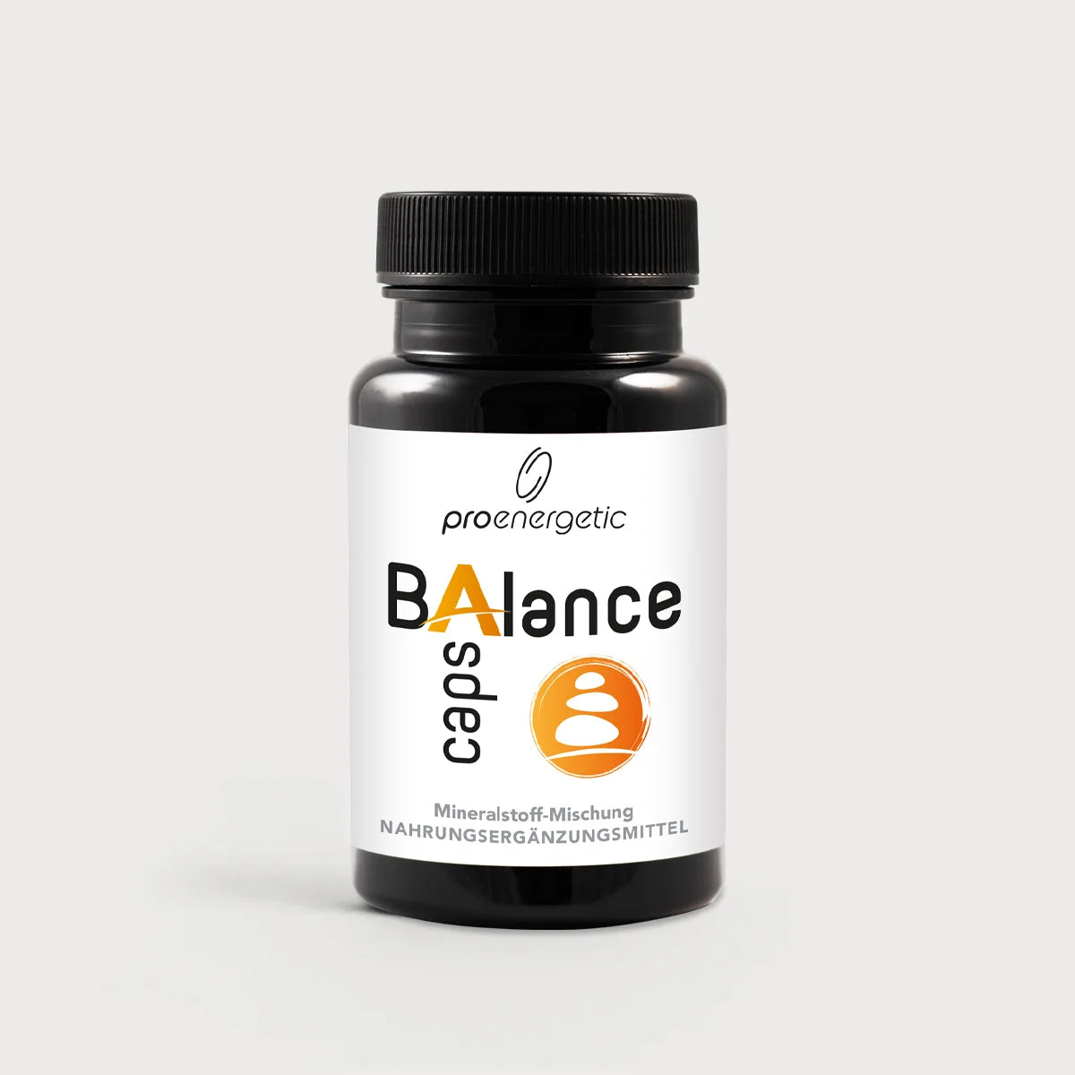 Balance Caps von ProEnergetic. Mineralstoff-Mischung in schwarzer Dose mit Schraubdeckel auf hellem Hintergrund.
