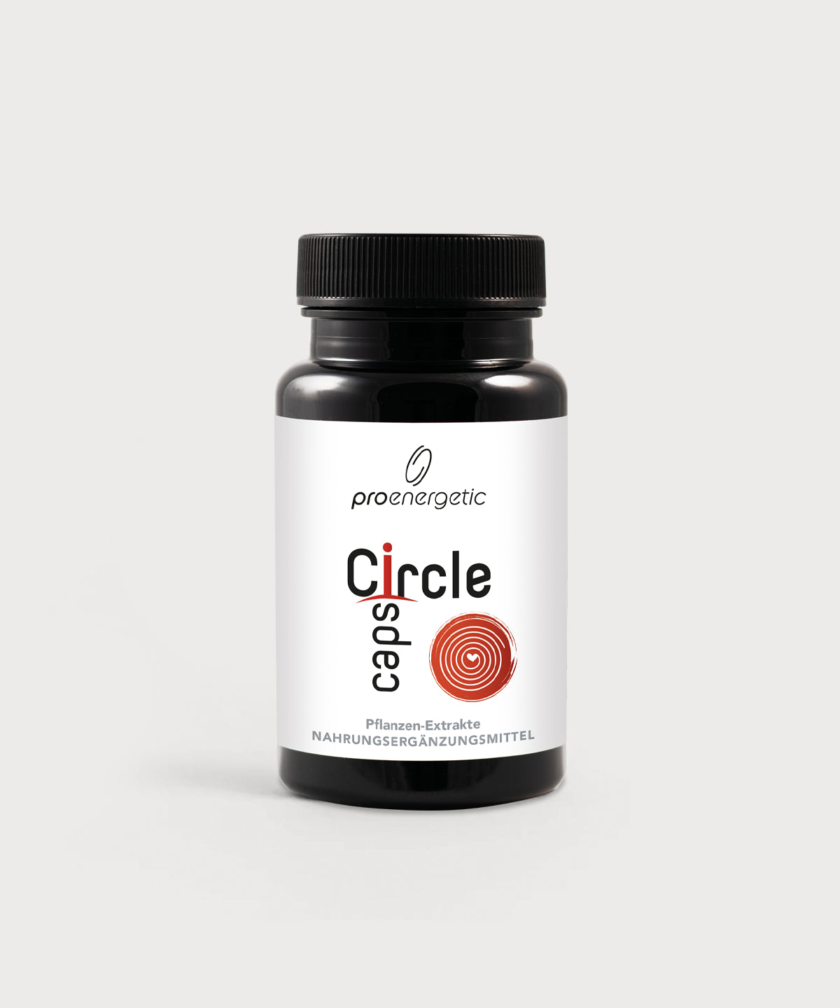 Schwarze Dose Circle Caps von ProEnergetic mit Schraubdeckel und weißem Etikett mit rotem Kreissymbol.