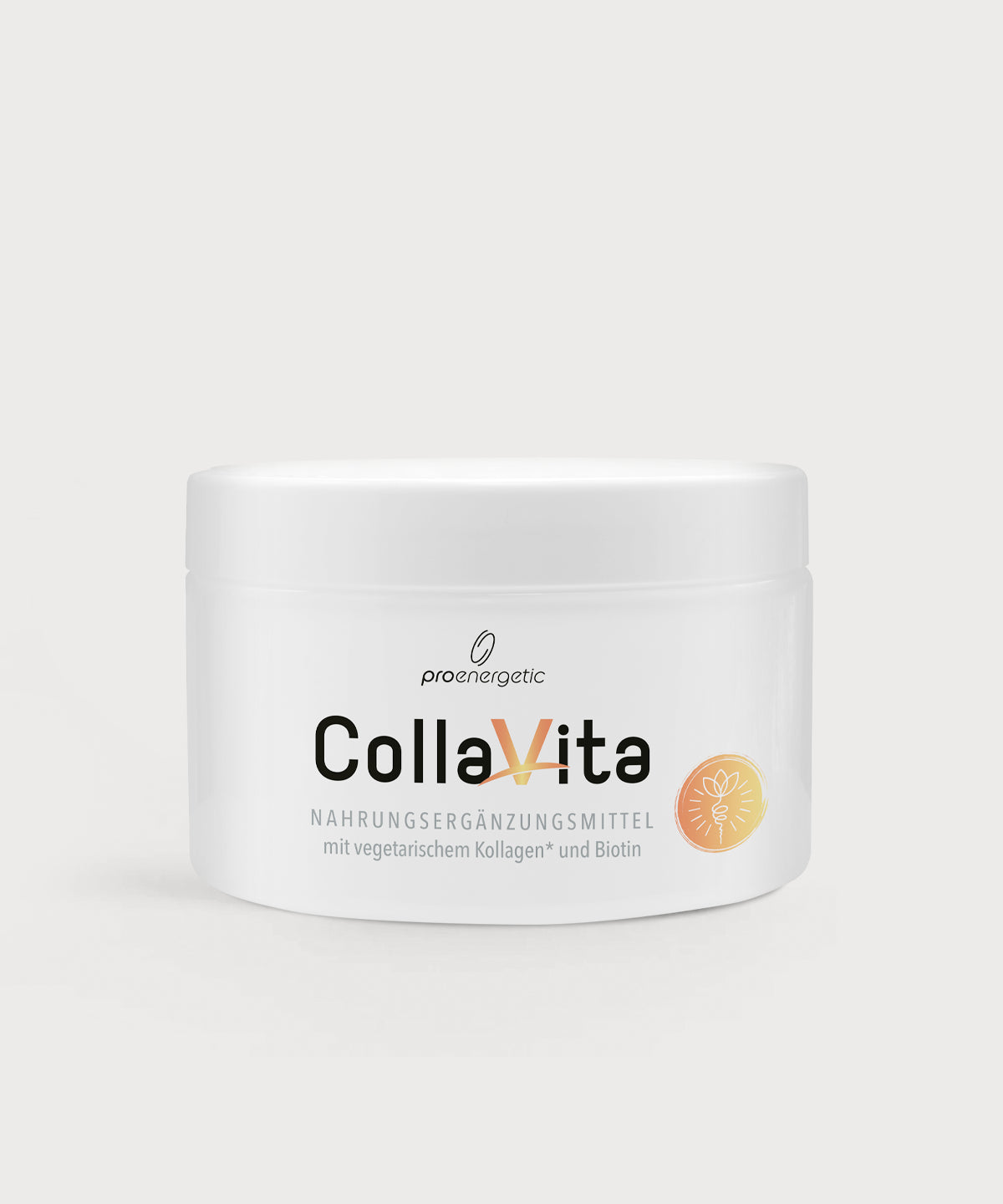 Weiße Dose des Nahrungsergänzungsmittels „CollaVita“ von proenergetic mit der Aufschrift „mit vegetarischem Kollagen und Biotin“ vor neutralem Hintergrund.