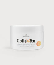 Weiße Dose des Nahrungsergänzungsmittels „CollaVita“ von proenergetic mit der Aufschrift „mit vegetarischem Kollagen und Biotin“ vor neutralem Hintergrund.