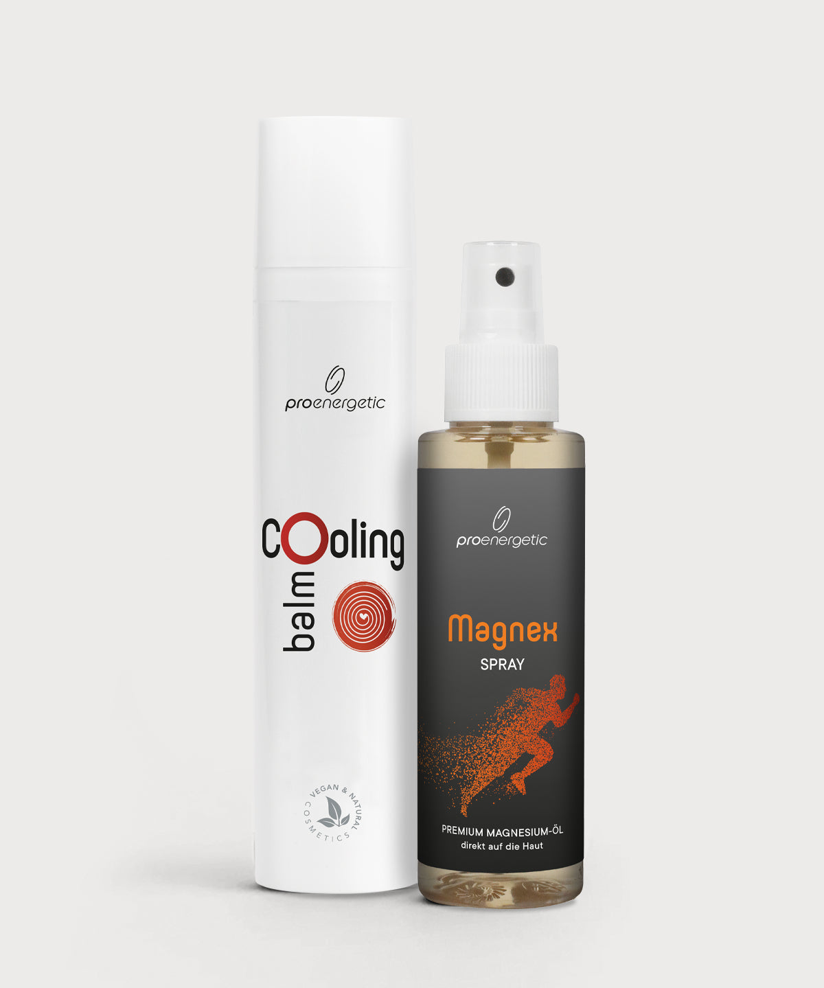 ProEnergetic Cooling Balm und Magnex Magnesium Spray für Muskeln und Gelenke – kühlender Balsam und Magnesiumöl zur Regeneration, Entspannung und Pflege nach Sport und körperlicher Belastung.