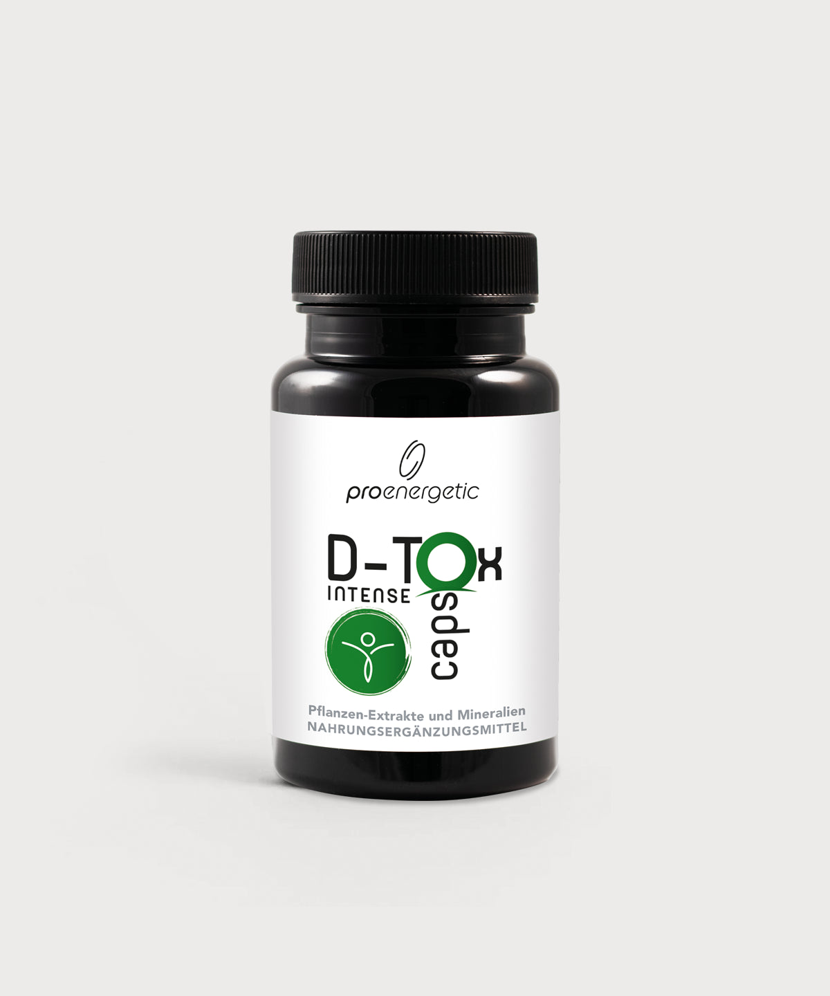 Schwarze Kapselverpackung D-Tox Intense Caps von ProEnergetic mit Schraubdeckel und Etikett mit grünem Symbol und Produktname