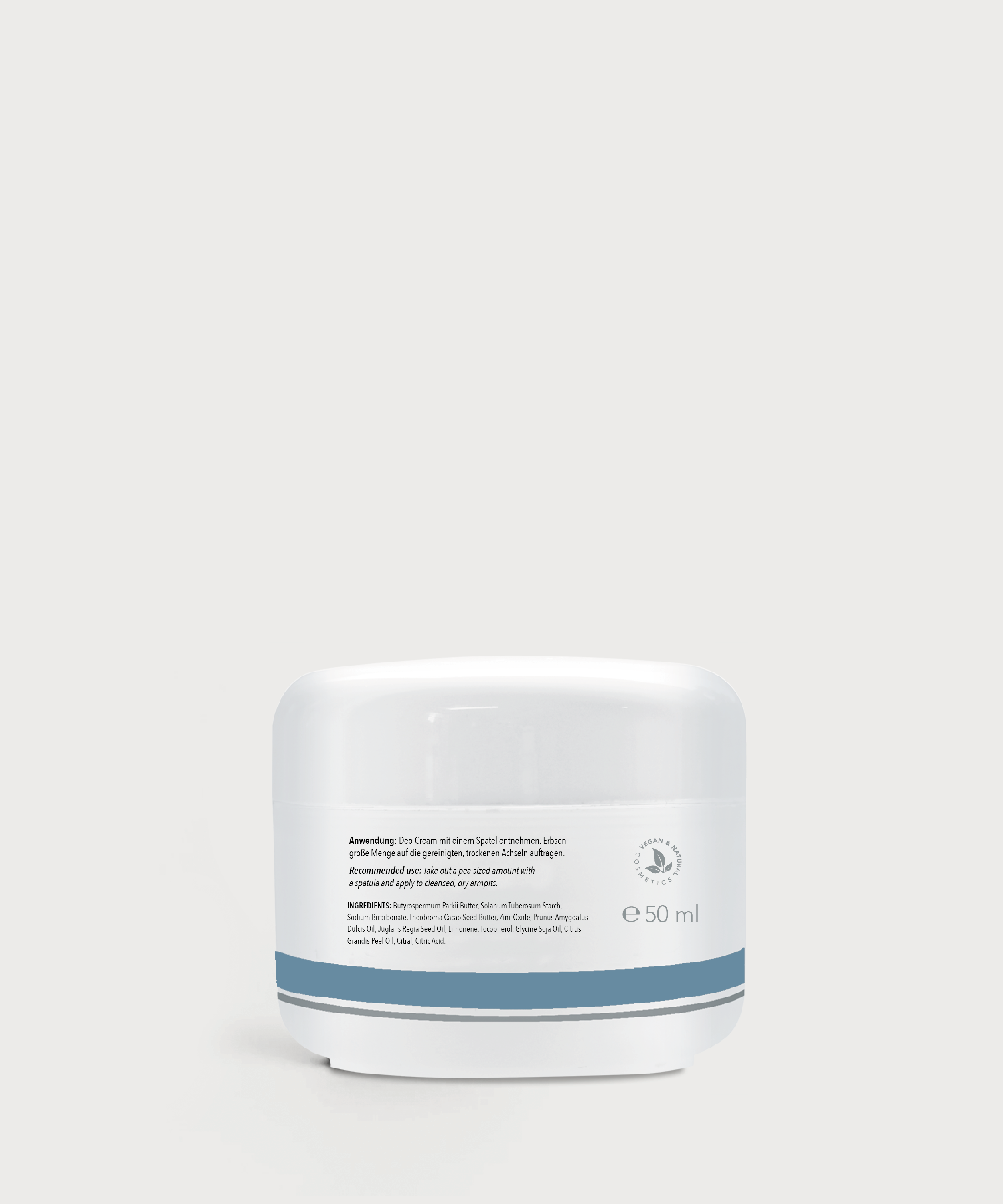 Rückseite des ProEnergetic Deo Cream Tiegels mit Produktinformationen und 50 ml Angabe.