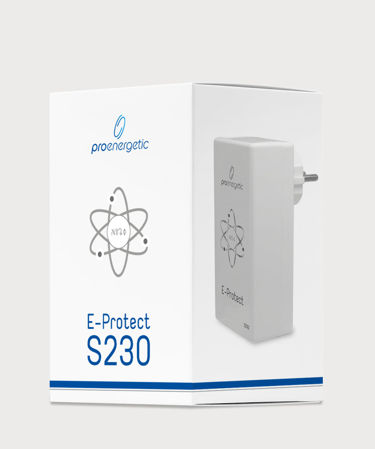 Weiße ProEnergetic E-Protect S230 Produktverpackung mit blauem Logo, Atom-Symbol und Produktname E-Protect S230 sichtbar