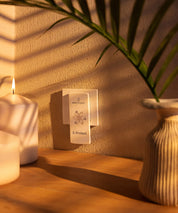 E-Protect S90 Steckelement ist in einer Wandsteckdose im Innenraum eingesteckt, umgeben von Kerze und Pflanze auf einem Holzregal