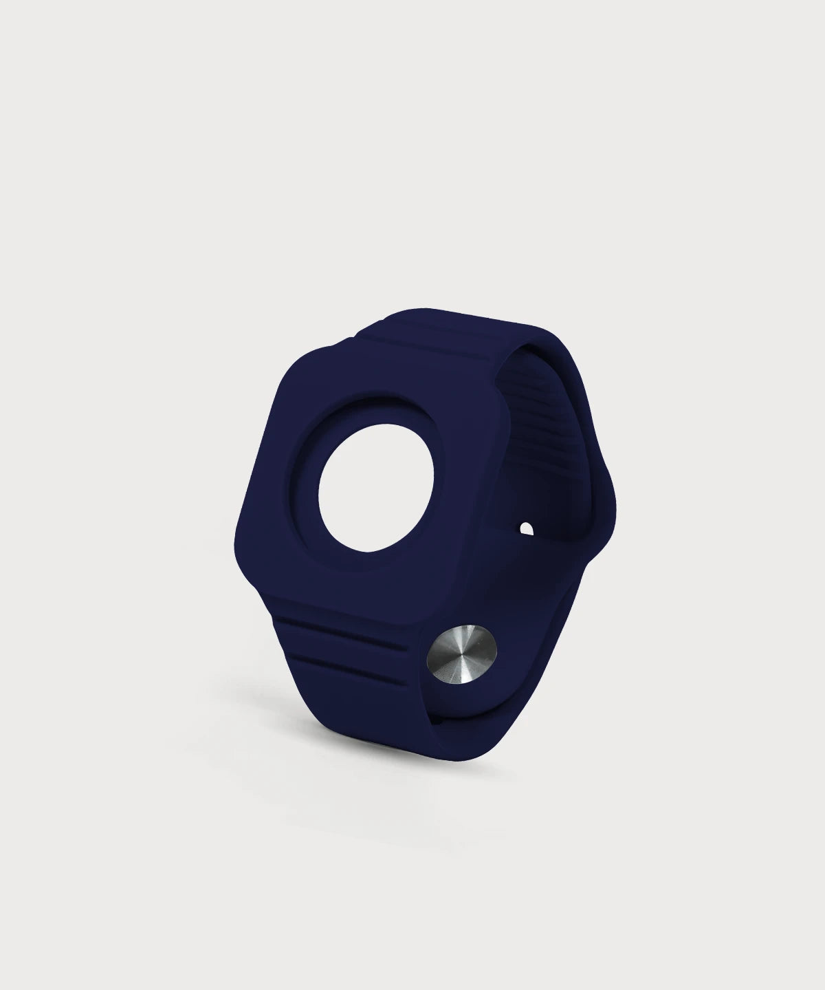 Eloop Band als dunkelblaues Silikonarmband mit rundem Einsatz und verstellbarem Verschluss auf hellem Hintergrund