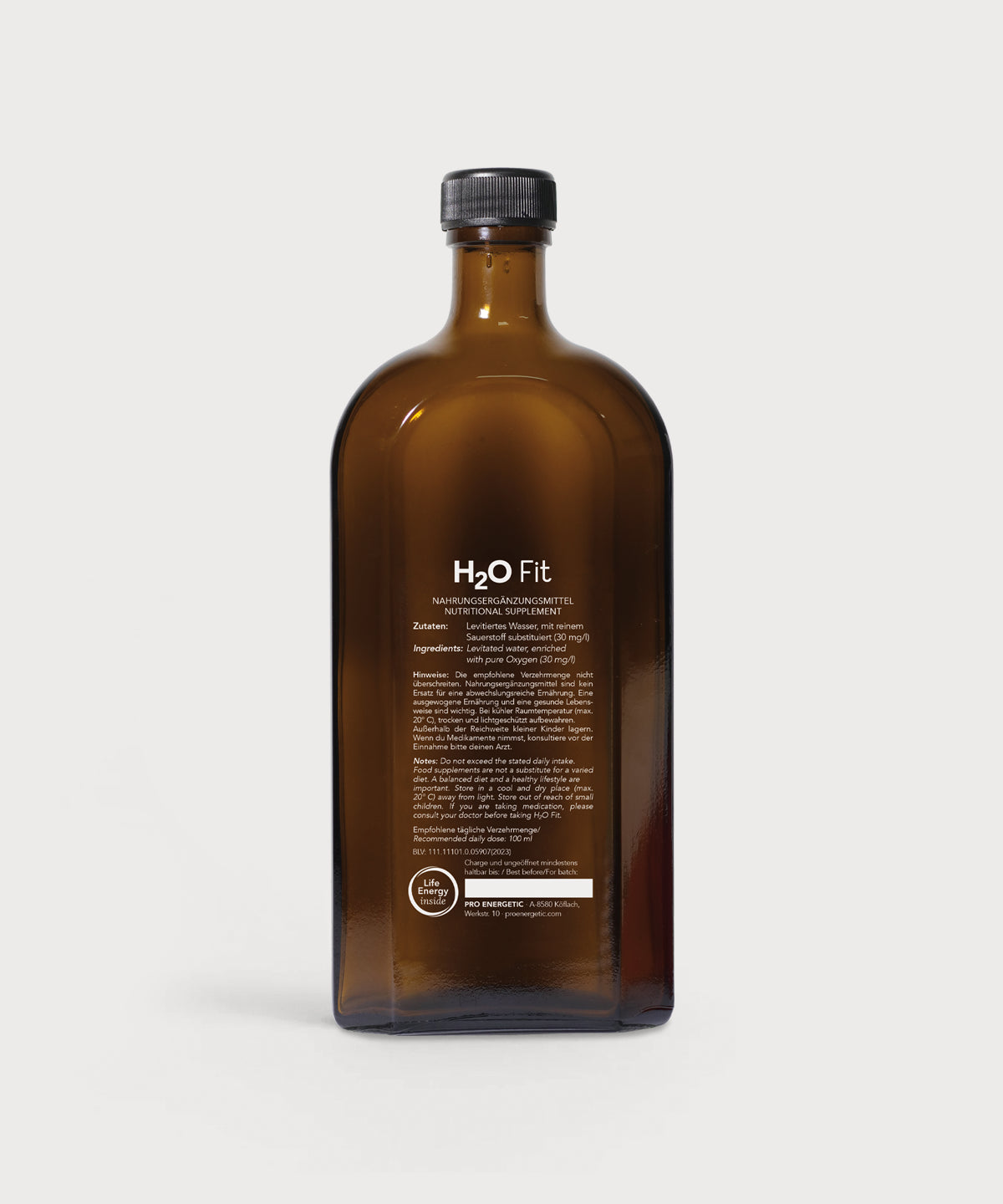 Rückseite der braunen Glasflasche H2O Fit von ProEnergetic mit weißer Produktbeschreibung und schwarzem Schraubverschluss.