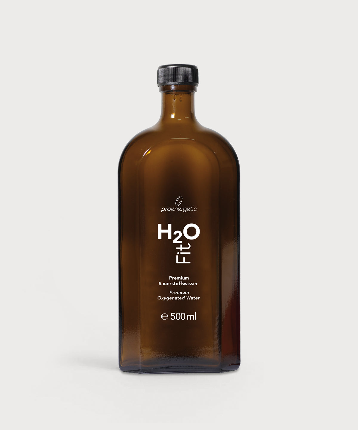 Braune Glasflasche H2O Fit von ProEnergetic mit schwarzem Schraubverschluss und weißer Beschriftung 500 ml.