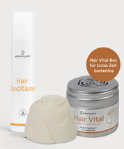 Hair Vital Pflegeritual mit Hair Conditioner, Hair Vital Haarseife und Hair Vital Box auf hellem Hintergrund.
