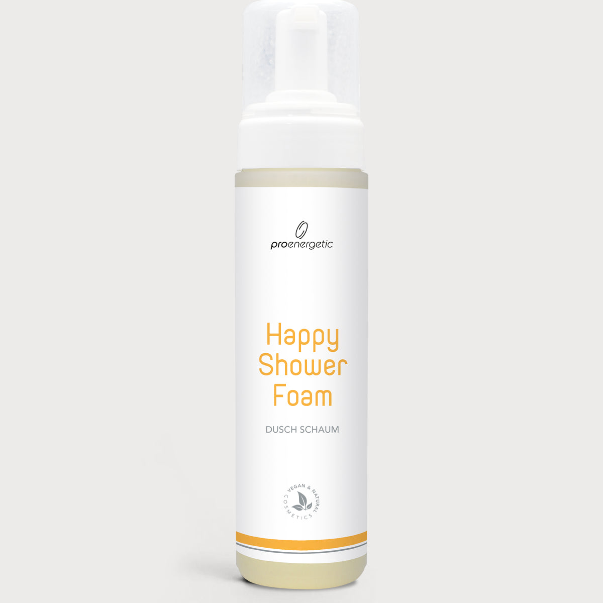 Weiße Happy Shower Foam Flasche von ProEnergetic mit Pumpspender und gelber Beschriftung.
