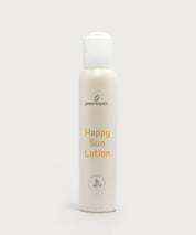 Schlanke Happy Sun Lotion Flasche von ProEnergetic in warmem Beigeton mit weißem Deckel und goldener Beschriftung, minimalistisch inszeniert vor hellem Hintergrund.