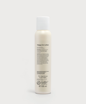Rückseite der Happy Sun Lotion Flasche von ProEnergetic mit Produktbeschreibung, Anwendungshinweisen und Füllmenge 100 ml.