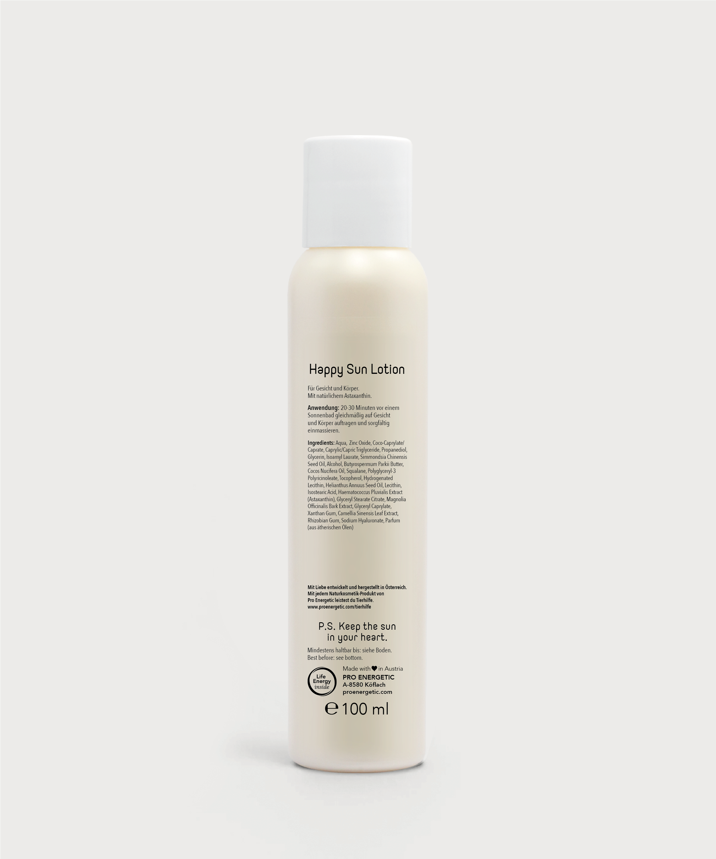 Rückseite der Happy Sun Lotion Flasche von ProEnergetic mit Produktbeschreibung, Anwendungshinweisen und Füllmenge 100 ml.