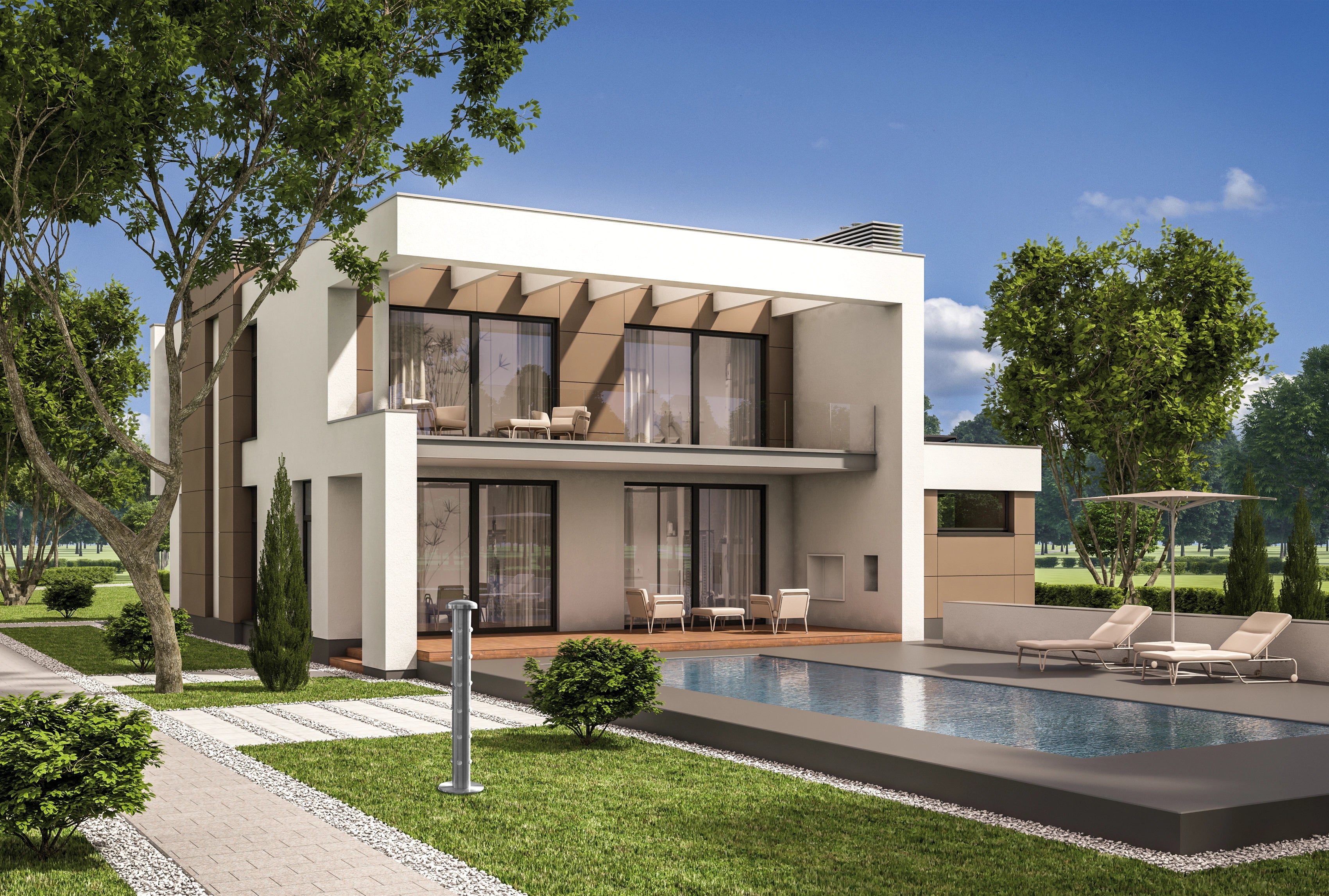 Modernes Einfamilienhaus mit großer Fensterfront, Terrasse, Pool und GEOM von ProEnergetic im Garten.
