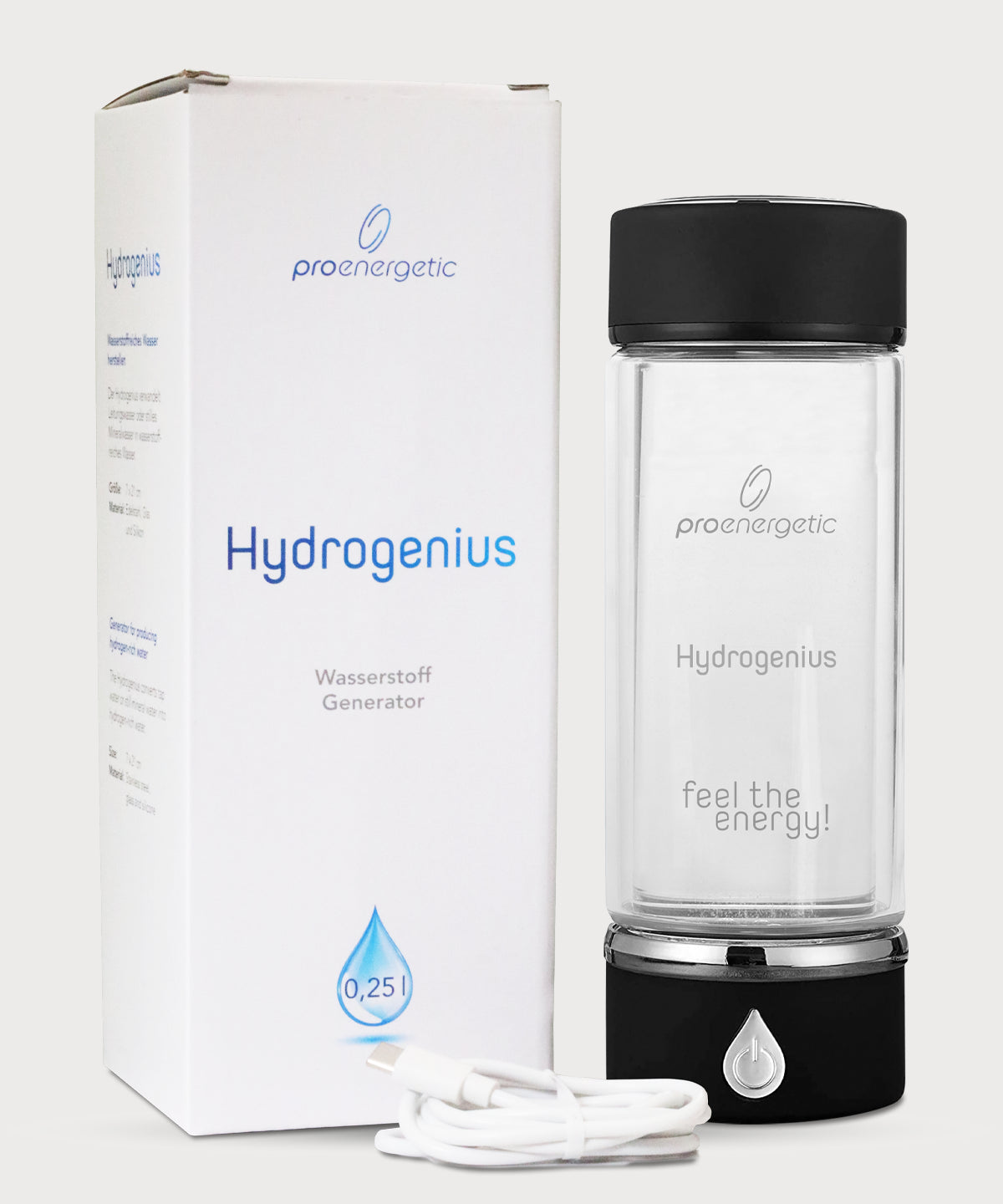 Hydrogenius Wasserstoff Generator von ProEnergetic neben weißer Verpackung und USB Ladekabel auf hellem Hintergrund.