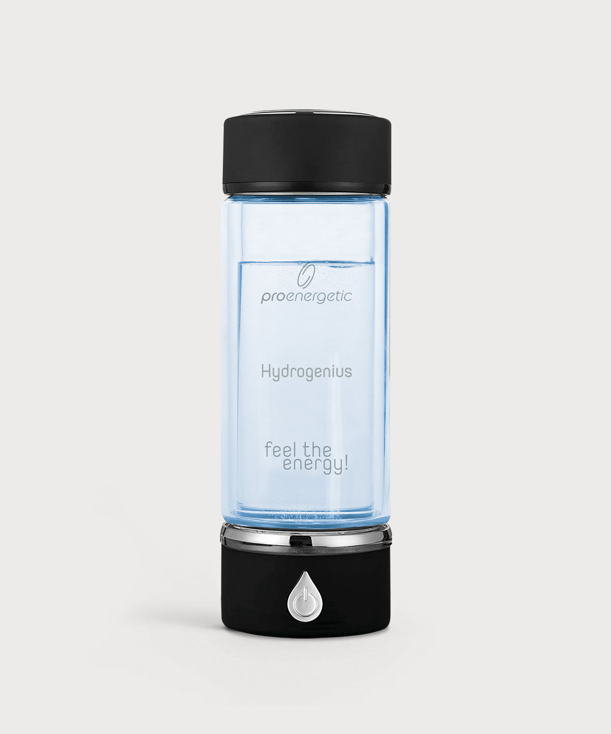 Transparente Hydrogenius Flasche von ProEnergetic mit schwarzem Deckel und Sockel, gefüllt mit hellblauem Wasser.