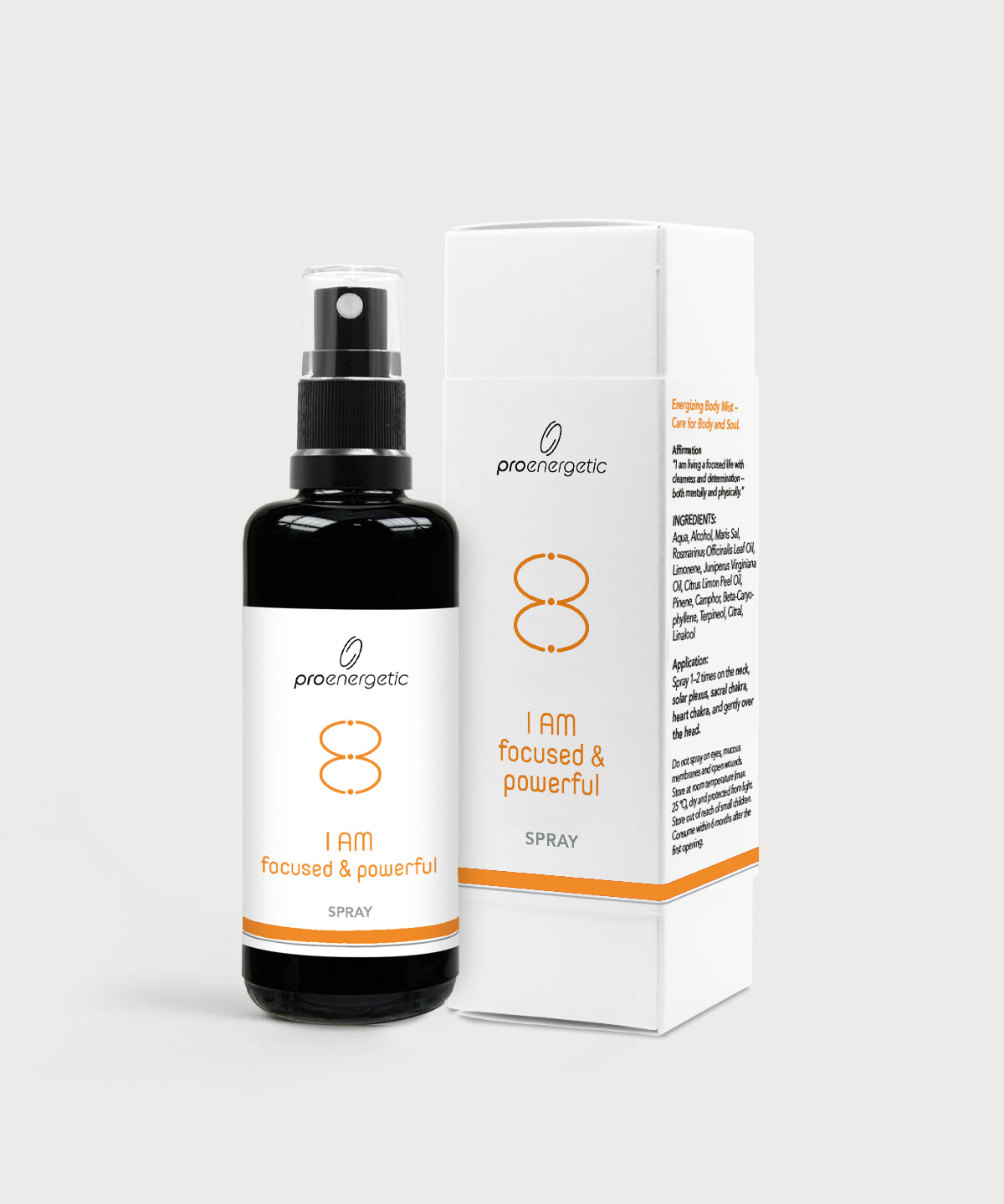 Schwarze Glasflasche I am focused and powerful Spray von ProEnergetic neben weißer Produktverpackung mit orangefarbenem Symbol.