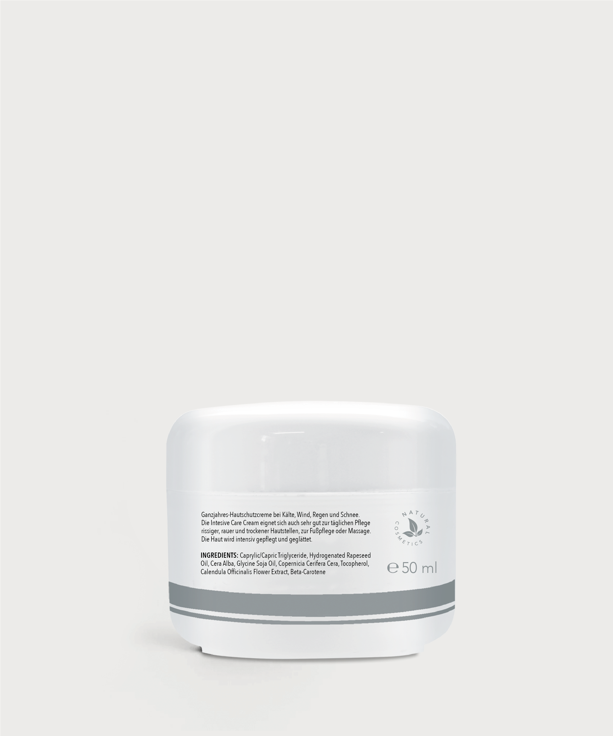 Rückseite des Intensive Care Cream Tiegels mit Produktinformationen und 50 ml Angabe.