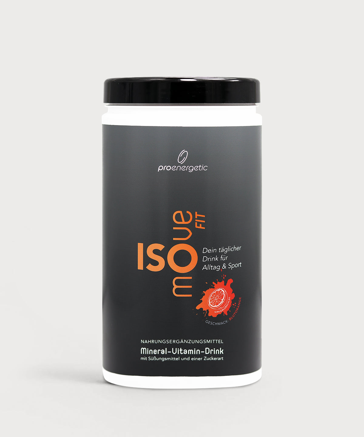 Dose ISOmove Fit von proenergetic vor hellem Hintergrund. Schwarze Verpackung mit orangefarbener Typografie „ISOmove Fit“, Mineral-Vitamin-Drink für Alltag und Sport, modernes, cleanes Produktfoto.