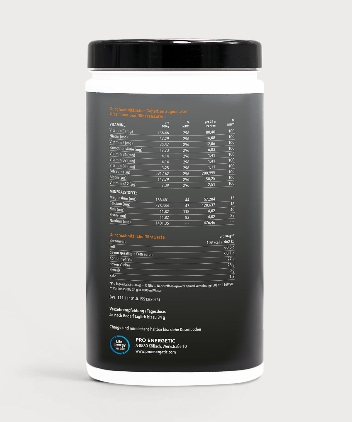 Rückseite der ISOmove Fit Dose von proenergetic vor hellem Hintergrund. Schwarze Verpackung mit detaillierter Nährwerttabelle, Zutatenliste, Mineral- und Vitamingehalten sowie Dosier- und Herstellerangaben.