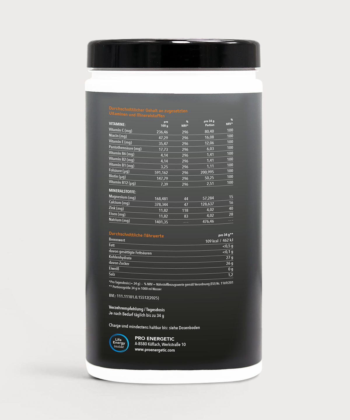 Rückseite der ISOmove Fit Dose von proenergetic vor hellem Hintergrund. Schwarze Verpackung mit detaillierter Nährwerttabelle, Zutatenliste, Mineral- und Vitamingehalten sowie Dosier- und Herstellerangaben.