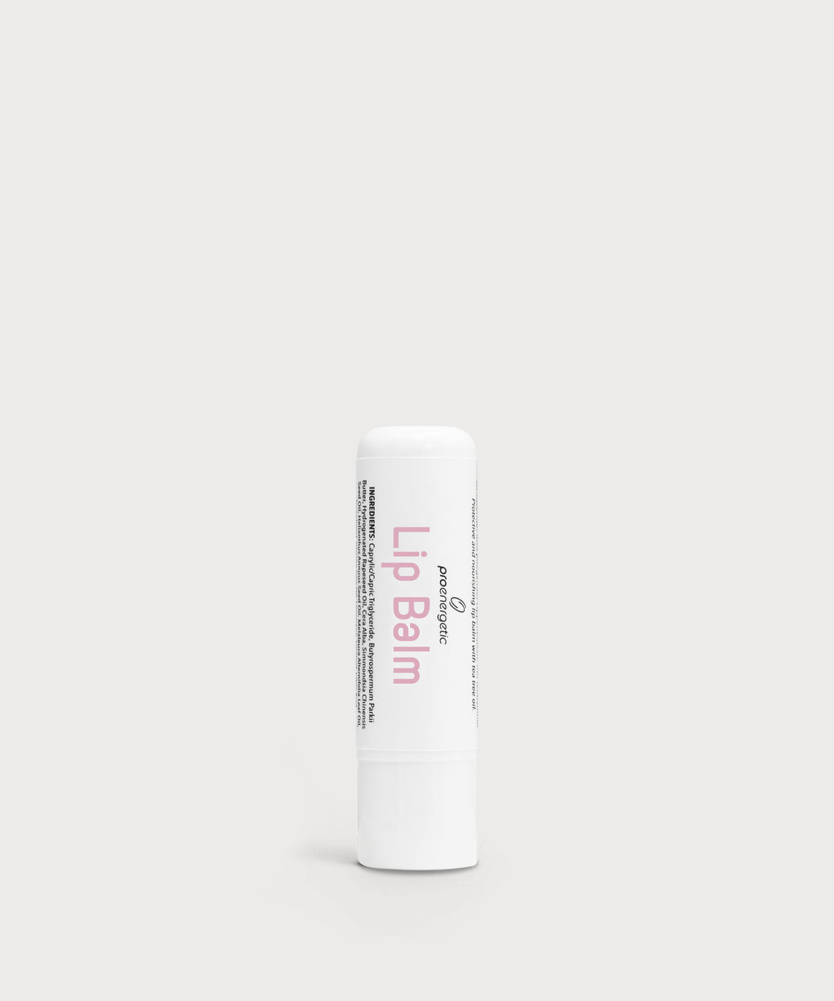Weißer Lip Balm Stift von ProEnergetic mit rosa Beschriftung auf hellem Hintergrund.