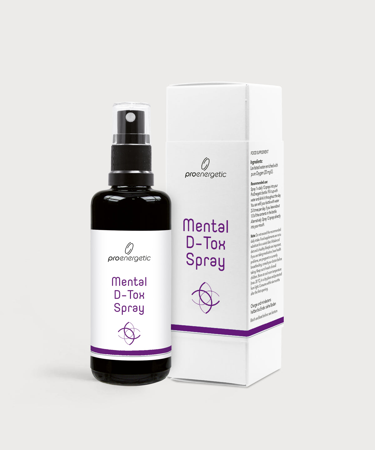 Schwarze Glasflasche Mental D-Tox Spray von ProEnergetic mit Pumpsprühkopf neben weißer Produktverpackung mit violetter Beschriftung.