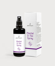 Schwarze Glasflasche Mental D-Tox Spray von ProEnergetic mit Pumpsprühkopf neben weißer Produktverpackung mit violetter Beschriftung.