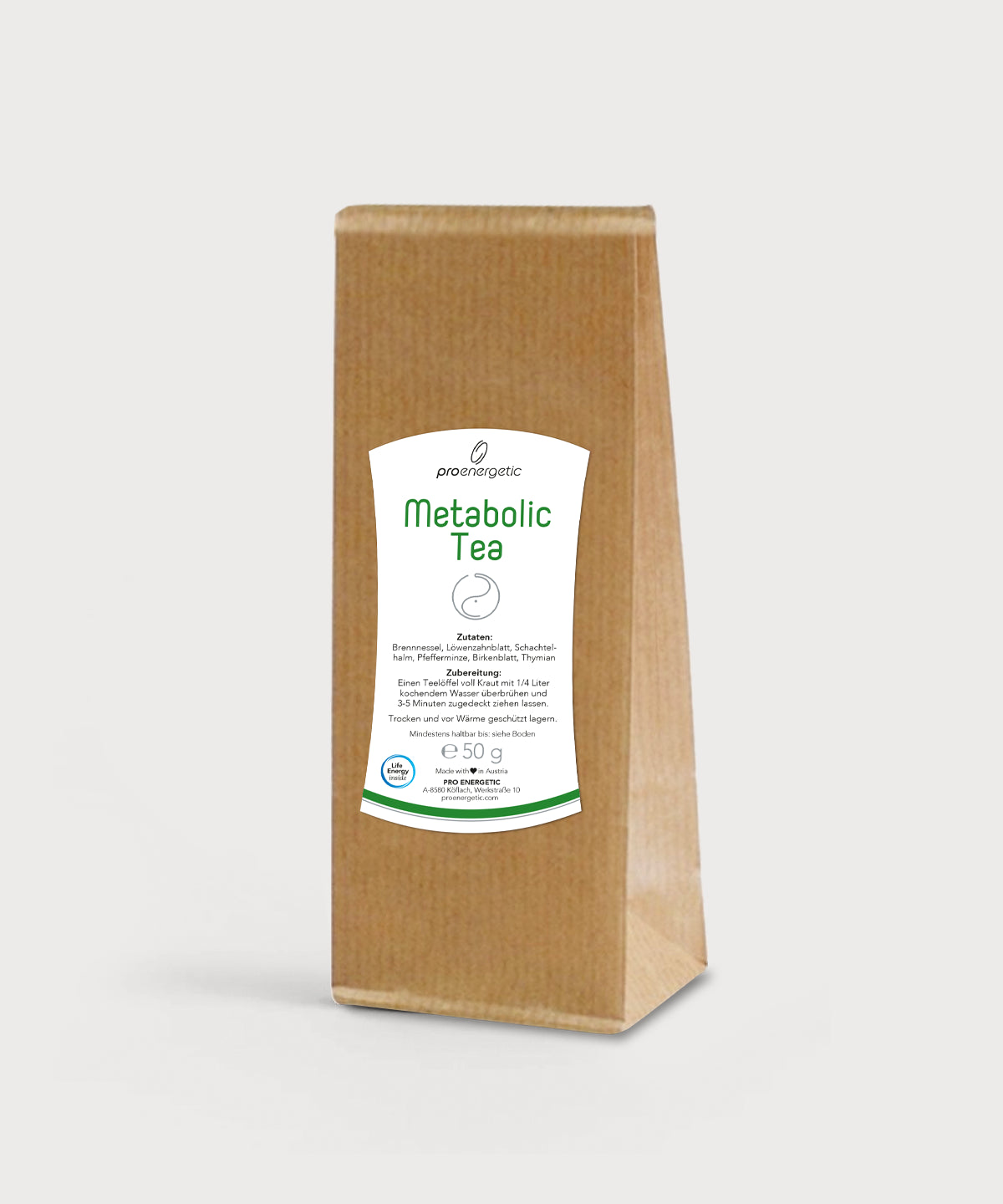 Braune Papierverpackung Metabolic Tea von ProEnergetic mit aufrechtem Stand und weißem Etikett mit Produktname