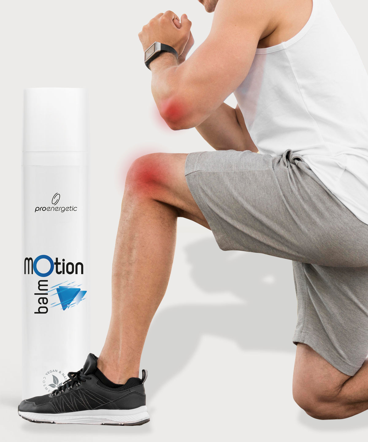 Sportlicher Mann kniet in Trainingsposition; Knie und Ellenbogen sind rot markiert zur Hervorhebung beanspruchter Gelenke. Daneben steht der „Motion Balm“ von proenergetic – Pflegebalsam zur Unterstützung von Beweglichkeit und Regeneration nach körperlicher Belastung.
