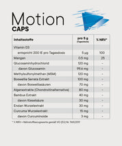Nährwerttabelle Motion Caps mit Inhaltsstoffen pro Tagesdosis darunter Vitamin D3, Mangan, MSM und Pflanzenextrakte.