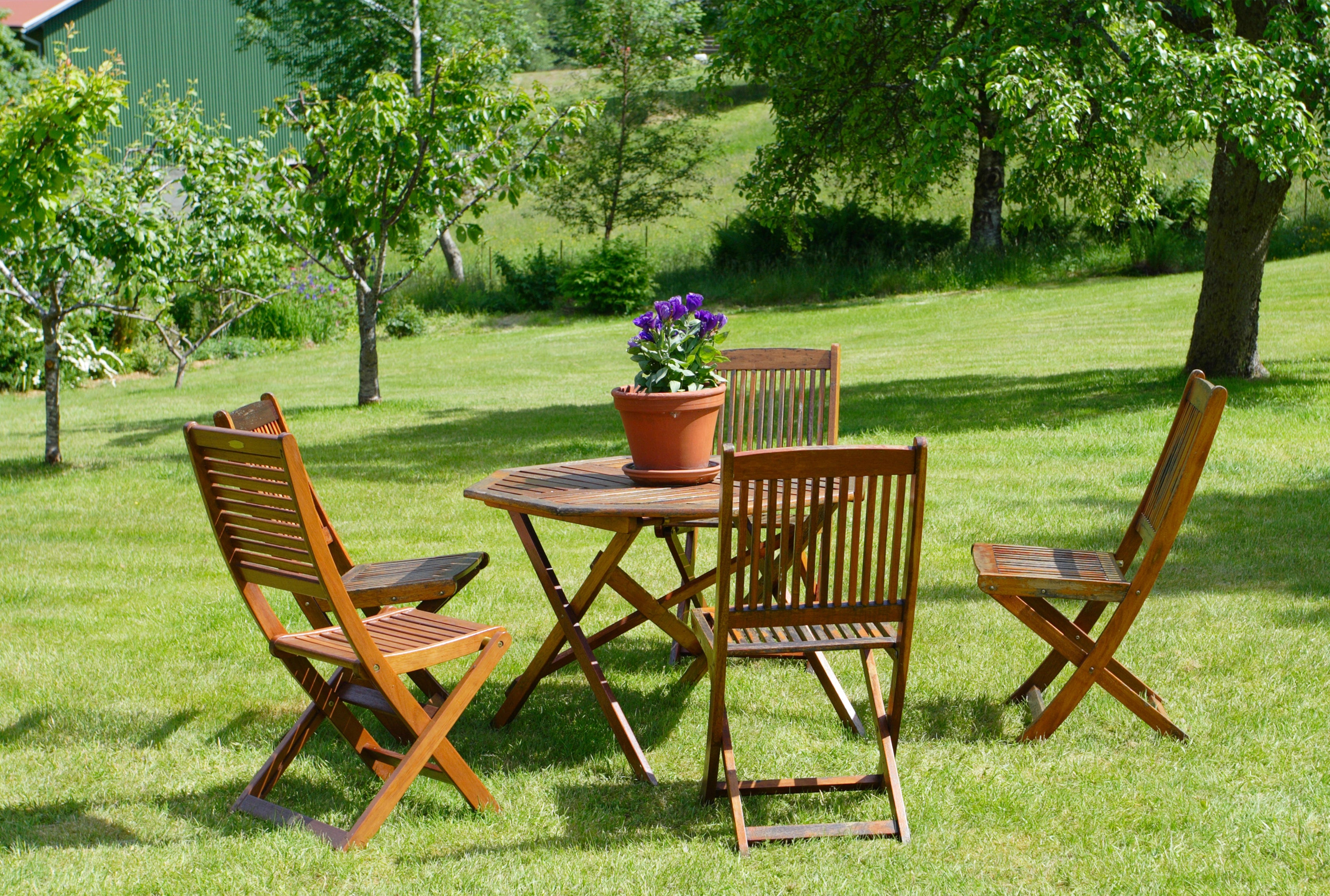 Holztisch mit vier Klappstühlen und Blumentopf auf Rasenfläche im Garten.