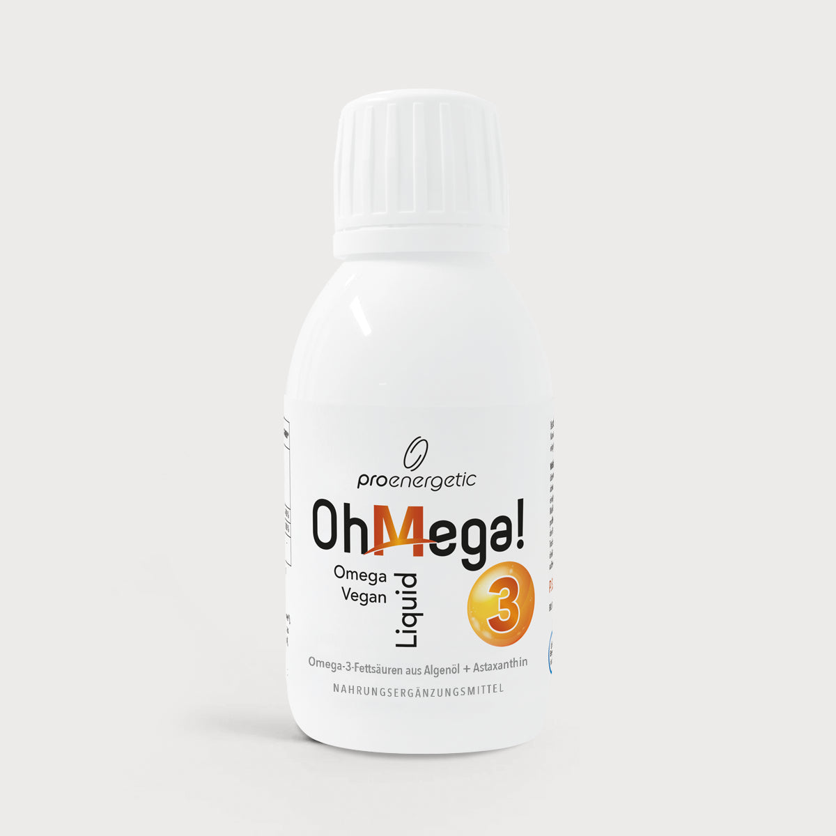 Weiße Flasche „OhMega! Omega 3 Liquid“ von proenergetic vor hellem Hintergrund, mit Schraubverschluss und orangefarbenem „3“-Symbol auf dem Etikett.
