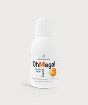 Weiße Flasche „OhMega! Omega 3 Liquid“ von proenergetic vor hellem Hintergrund, mit Schraubverschluss und orangefarbenem „3“-Symbol auf dem Etikett.