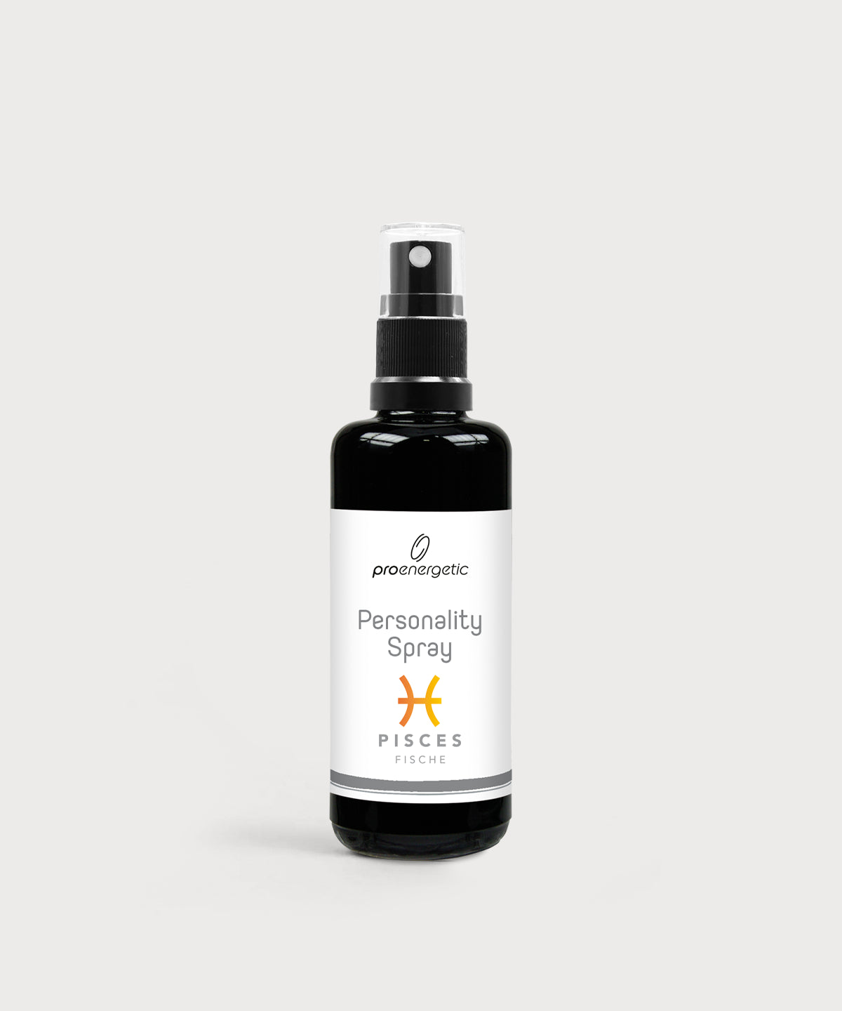 Schwarze Glasflasche Personality Spray Fische von ProEnergetic mit Pumpsprühkopf und weißem Etikett.