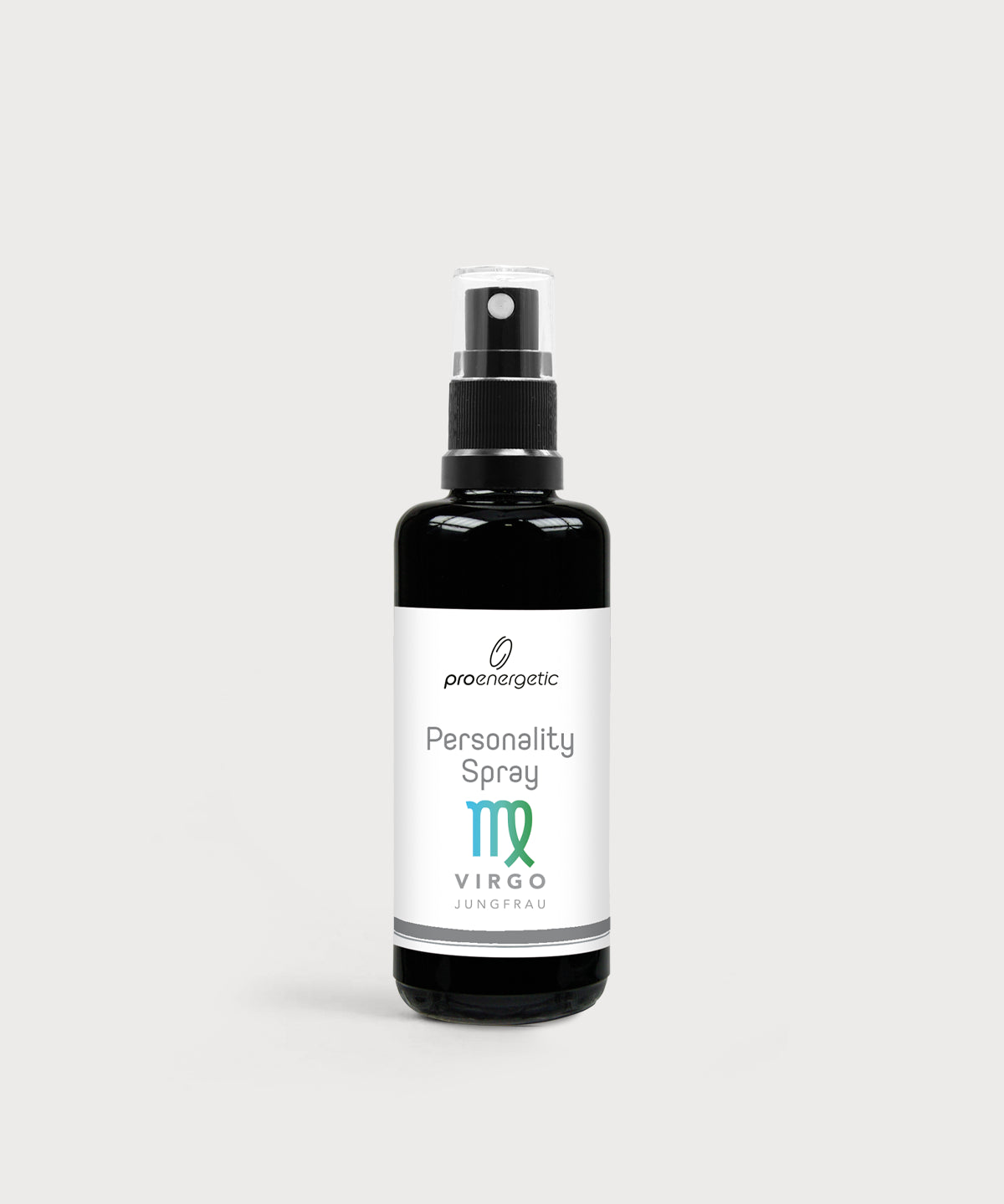 Schwarze Glasflasche Personality Spray Jungfrau von ProEnergetic mit Pumpsprühkopf und weißem Etikett.