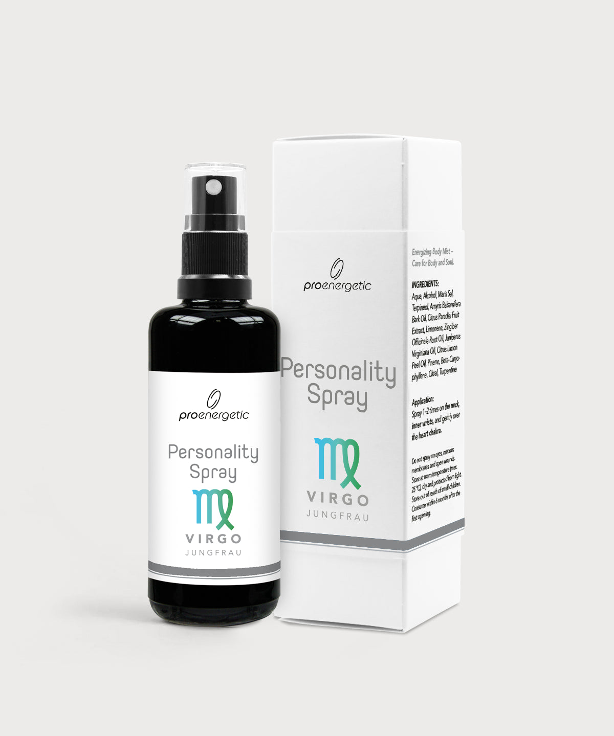 Schwarze Glasflasche Personality Spray Jungfrau von ProEnergetic neben weißer Produktverpackung mit Sternzeichen Symbol.