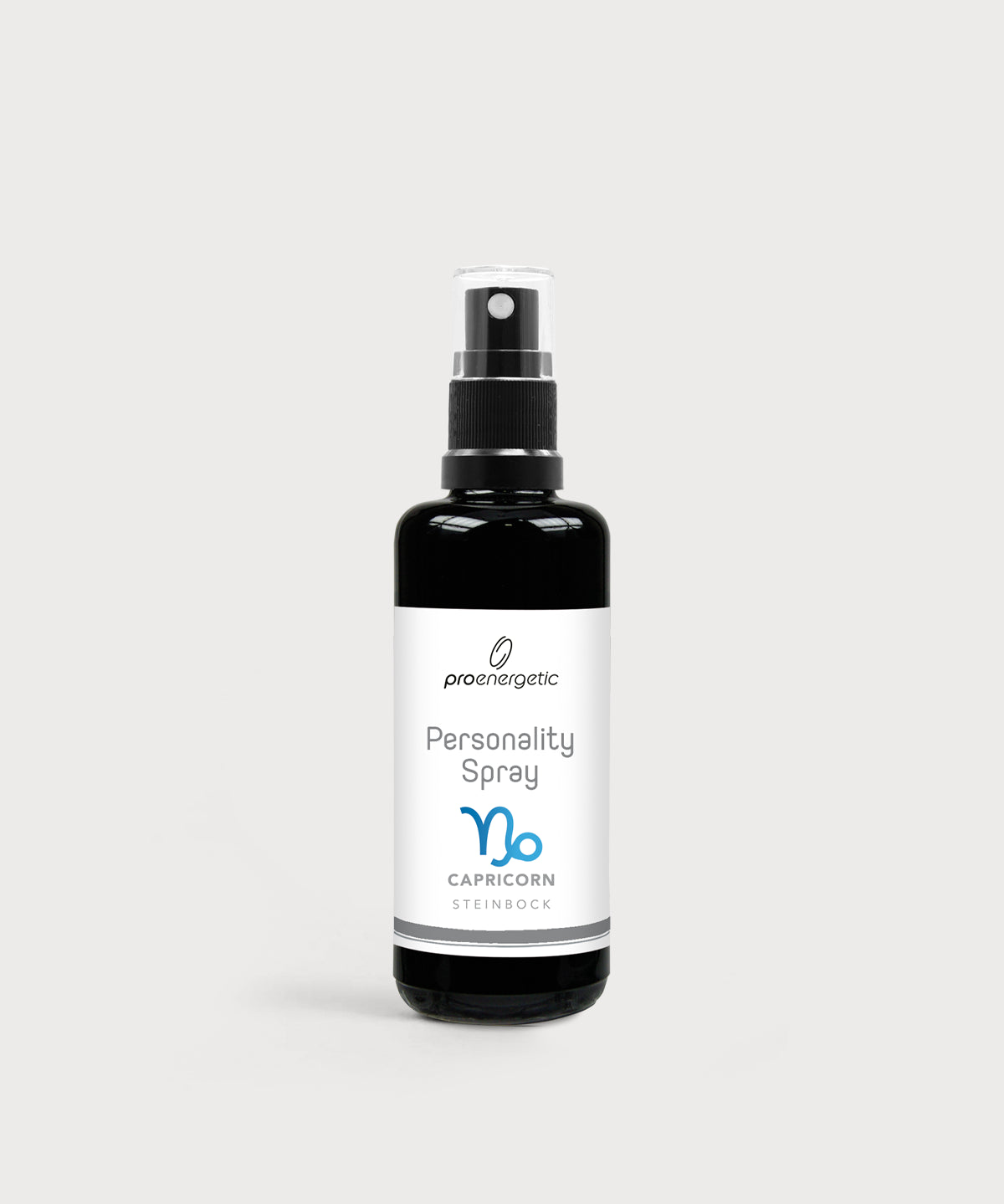 Schwarze Glasflasche Personality Spray Steinbock von ProEnergetic mit Pumpsprühkopf und weißem Etikett.