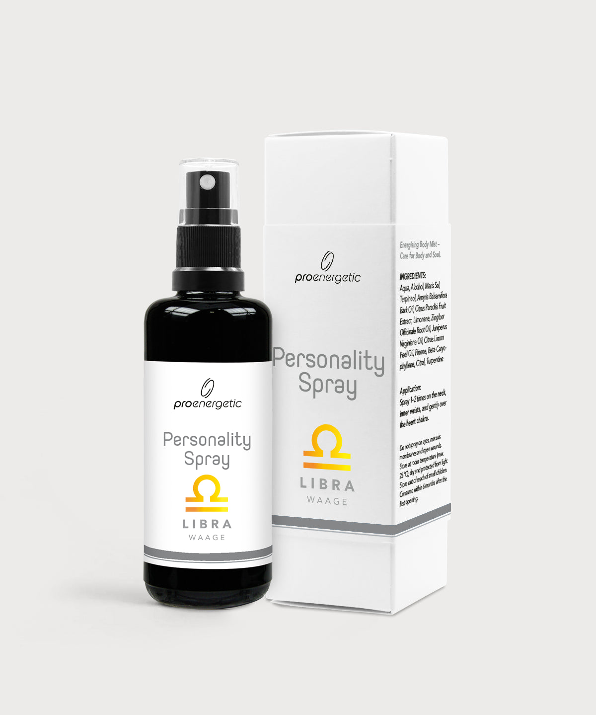 Schwarze Glasflasche Personality Spray Waage von ProEnergetic neben weißer Produktverpackung mit Sternzeichen Symbol.