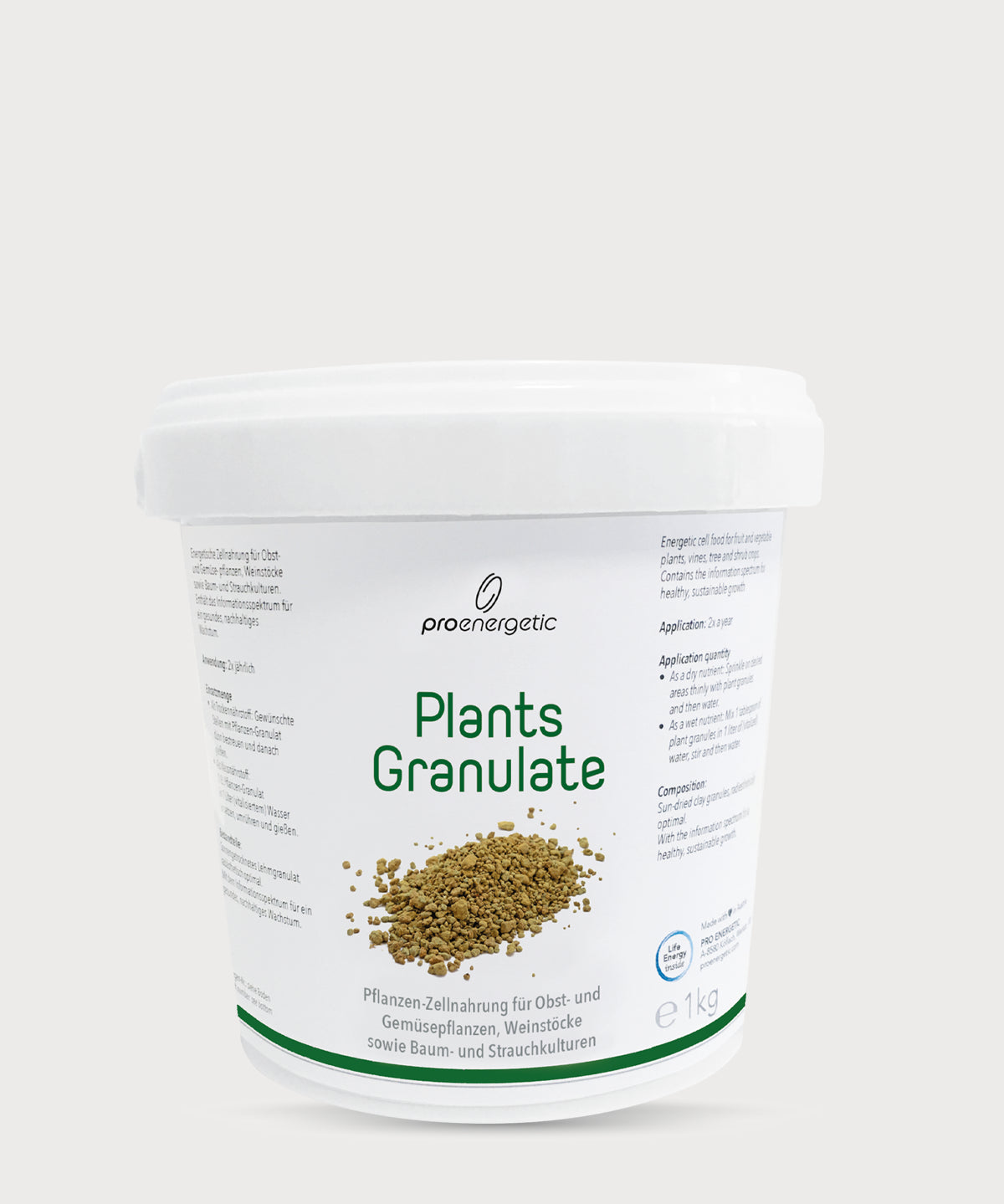Weißer Eimer mit ProEnergetic Logo und Aufschrift Plants Granulate sowie Abbildung von Granulat.