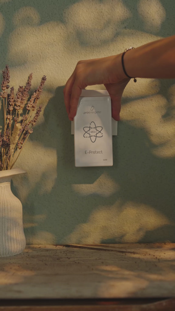 Hand steckt das weiße ProEnergetic E-Protect S230 Steckgerät in eine Wandsteckdose über einem Holztisch im Innenraum mit Vase und Trockenblumen